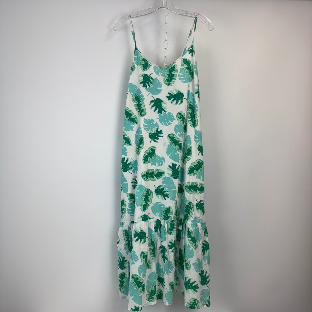J.Crew Womens Green Tropical Leaf Print Cotton Midi Dress Size M Tiered Ruffle